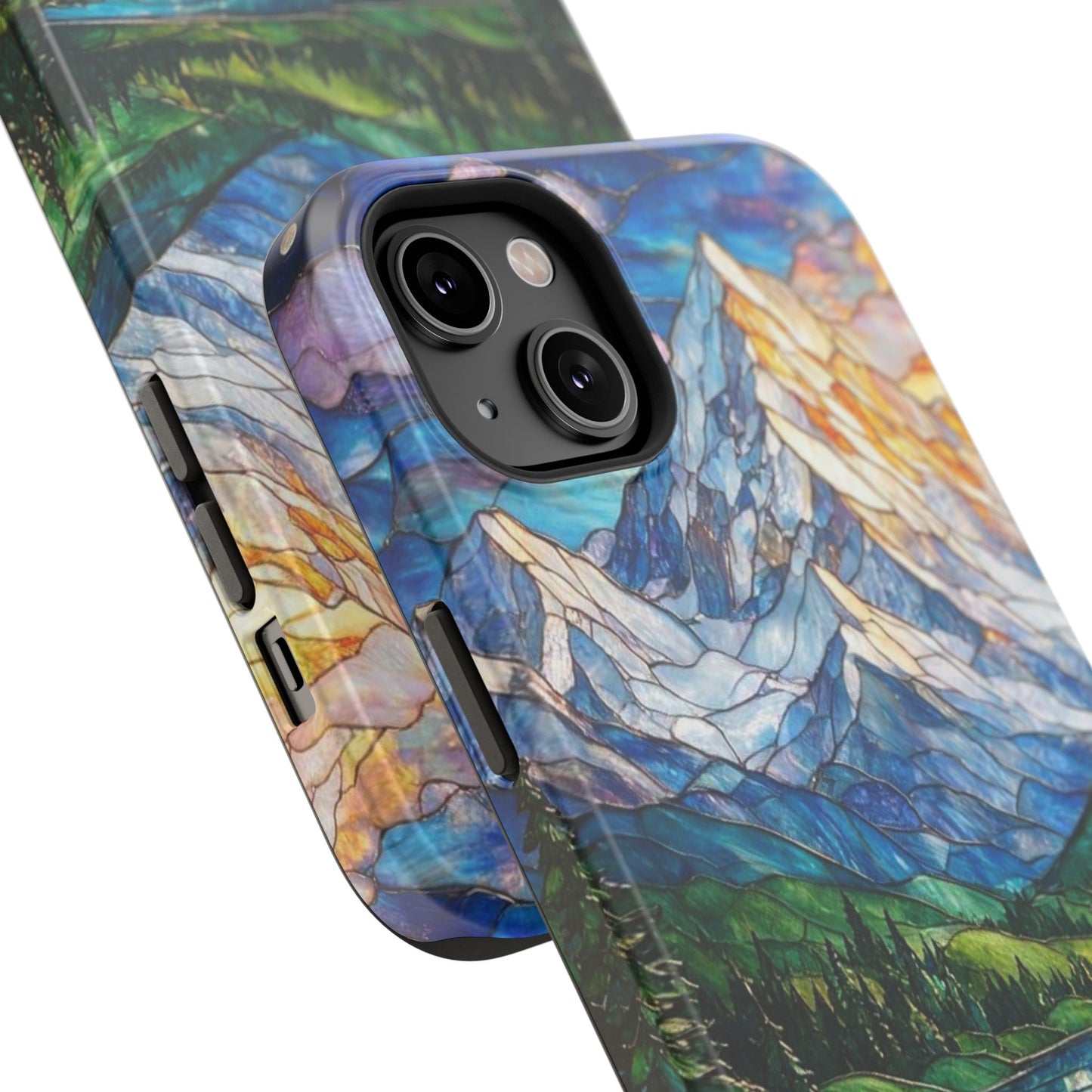 Stained Glass Mountain Lake Mosaic Phone Case — Impact-Resistant Artistic Protection
