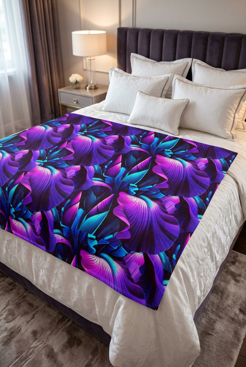 Neon Purple Iris Floral Velveteen Plush Blanket