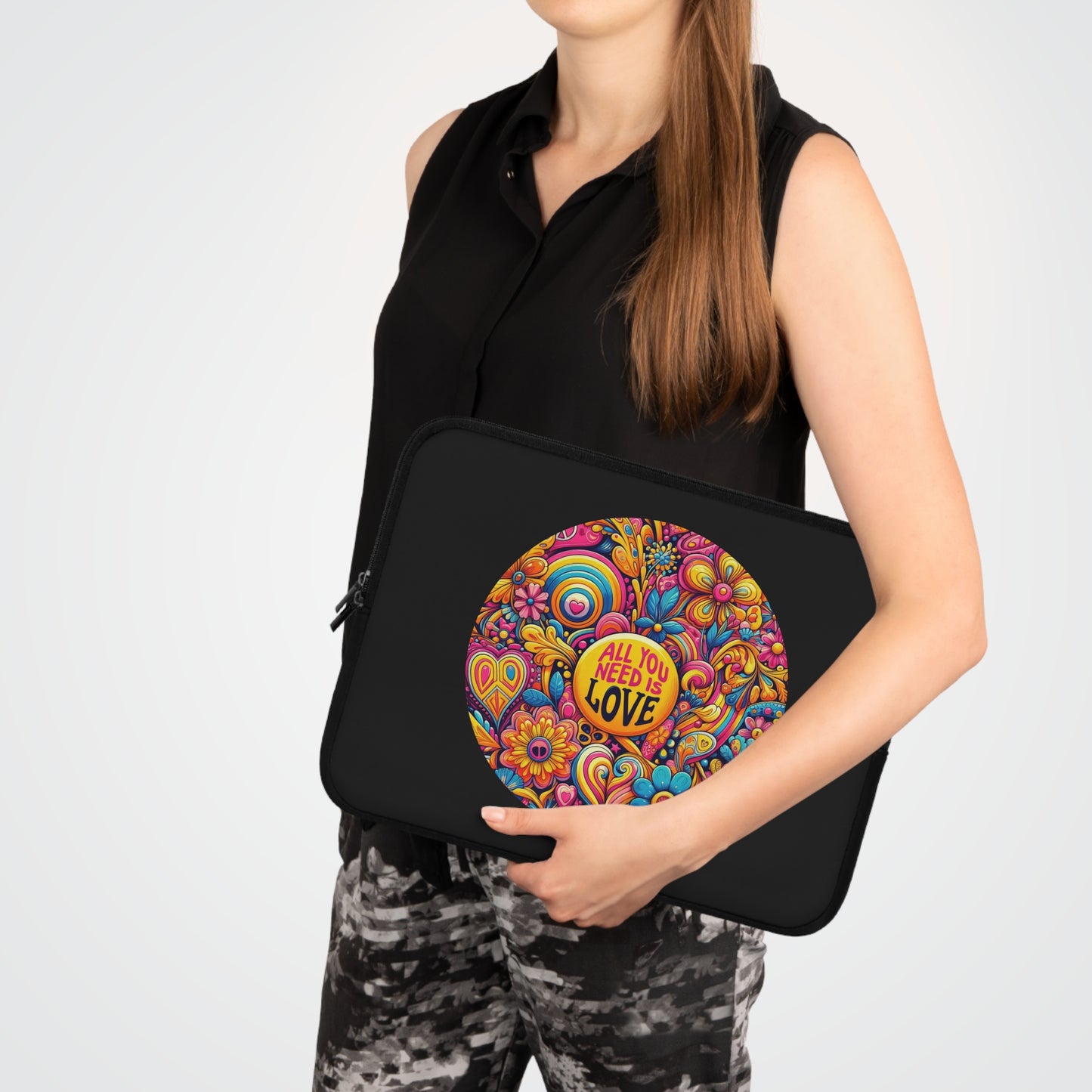 Laptop Sleeve — Colorful Retro "All You Need Is Love" Floral Design