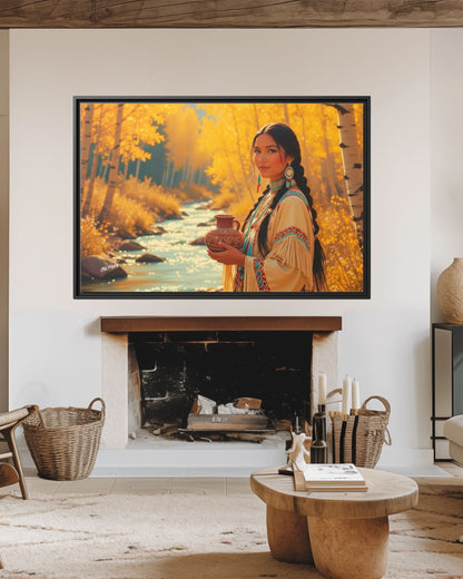 "Autumn Grace by the Stream" AI Wood Framed Canvas by Old Hippy