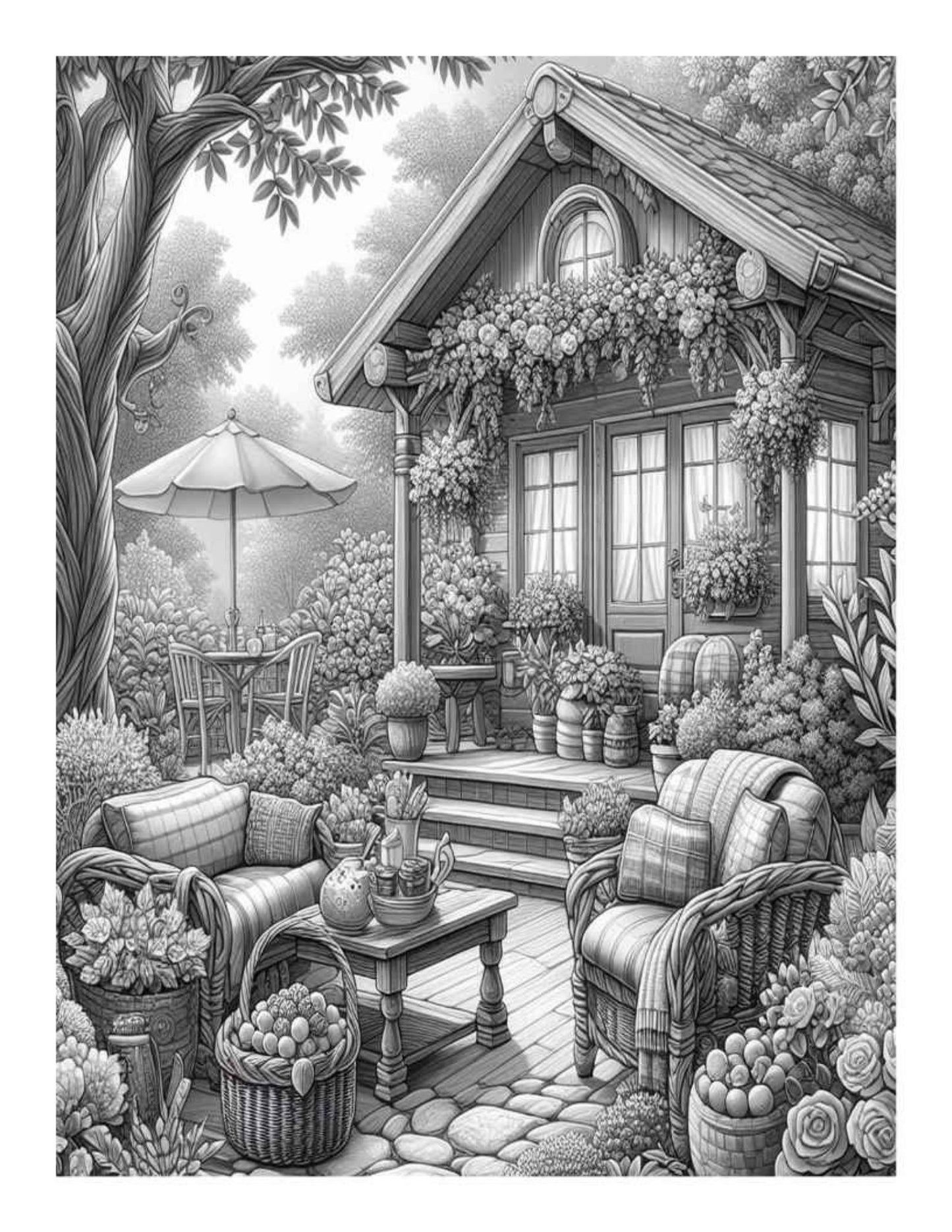 Cozy Garden Adult Coloring Pages – 25 Printable Grayscale Designs (PDF Digital Download)