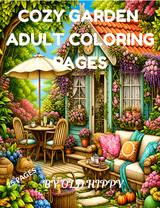 Cozy Garden Adult Coloring Pages – 25 Printable Grayscale Designs (PDF Digital Download)