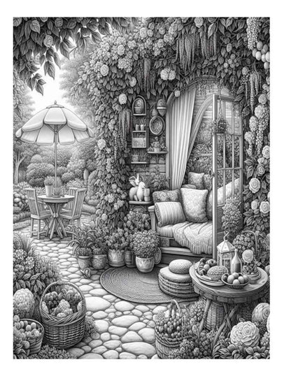 Cozy Garden Adult Coloring Pages – 25 Printable Grayscale Designs (PDF Digital Download)