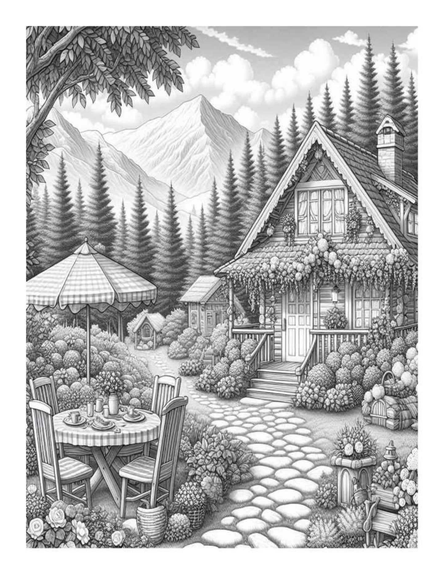 Cozy Garden Adult Coloring Pages – 25 Printable Grayscale Designs (PDF Digital Download)