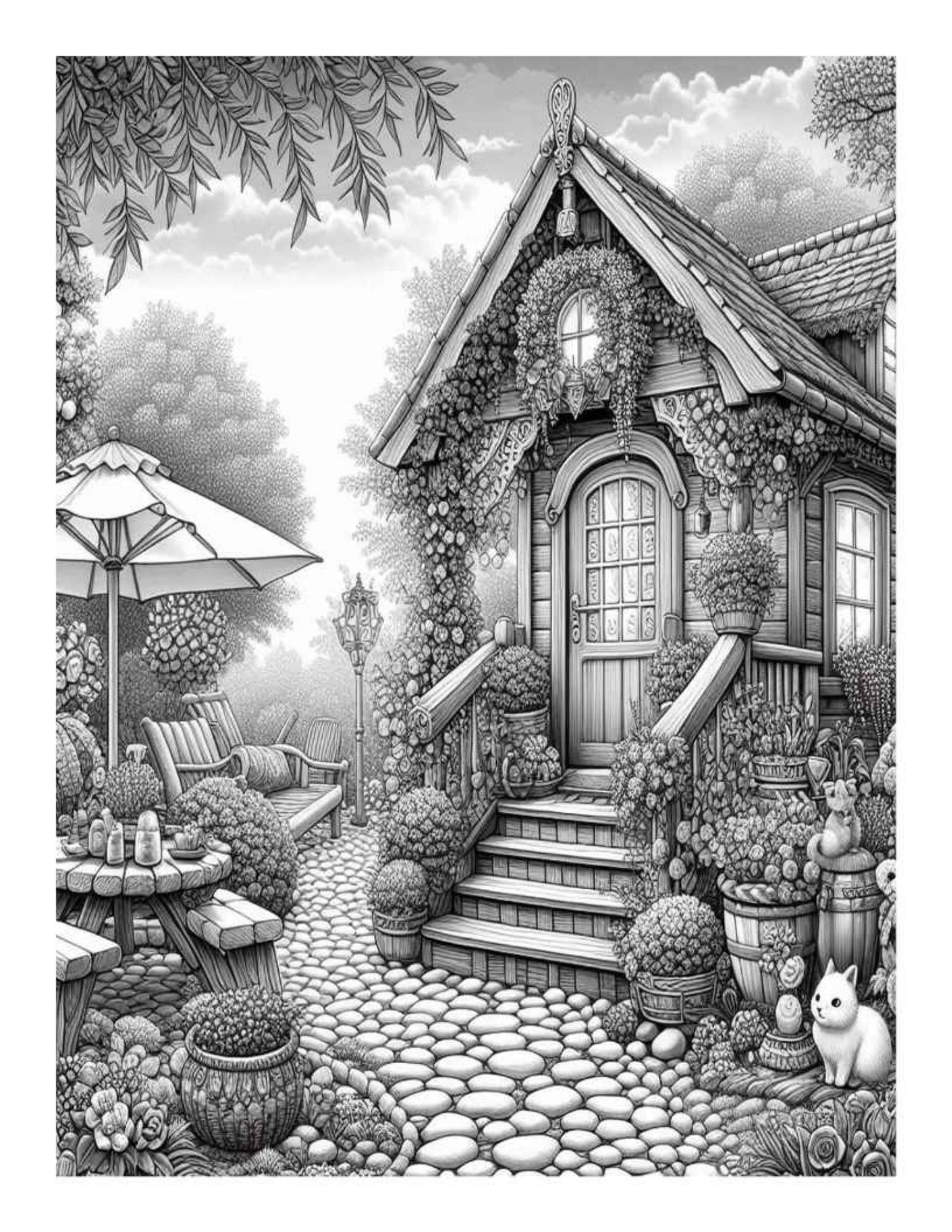 Cozy Garden Adult Coloring Pages – 25 Printable Grayscale Designs (PDF Digital Download)