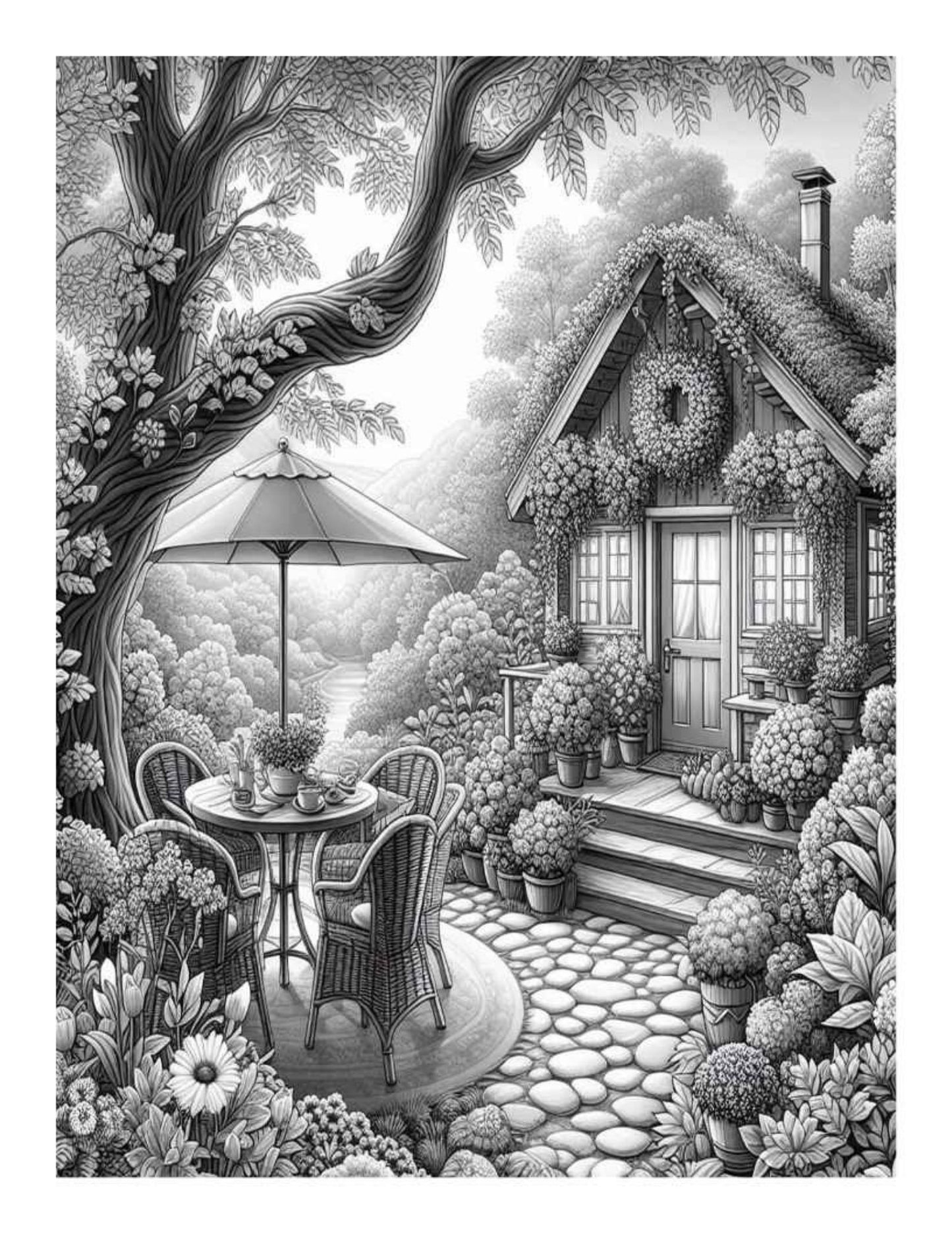 Cozy Garden Adult Coloring Pages – 25 Printable Grayscale Designs (PDF Digital Download)