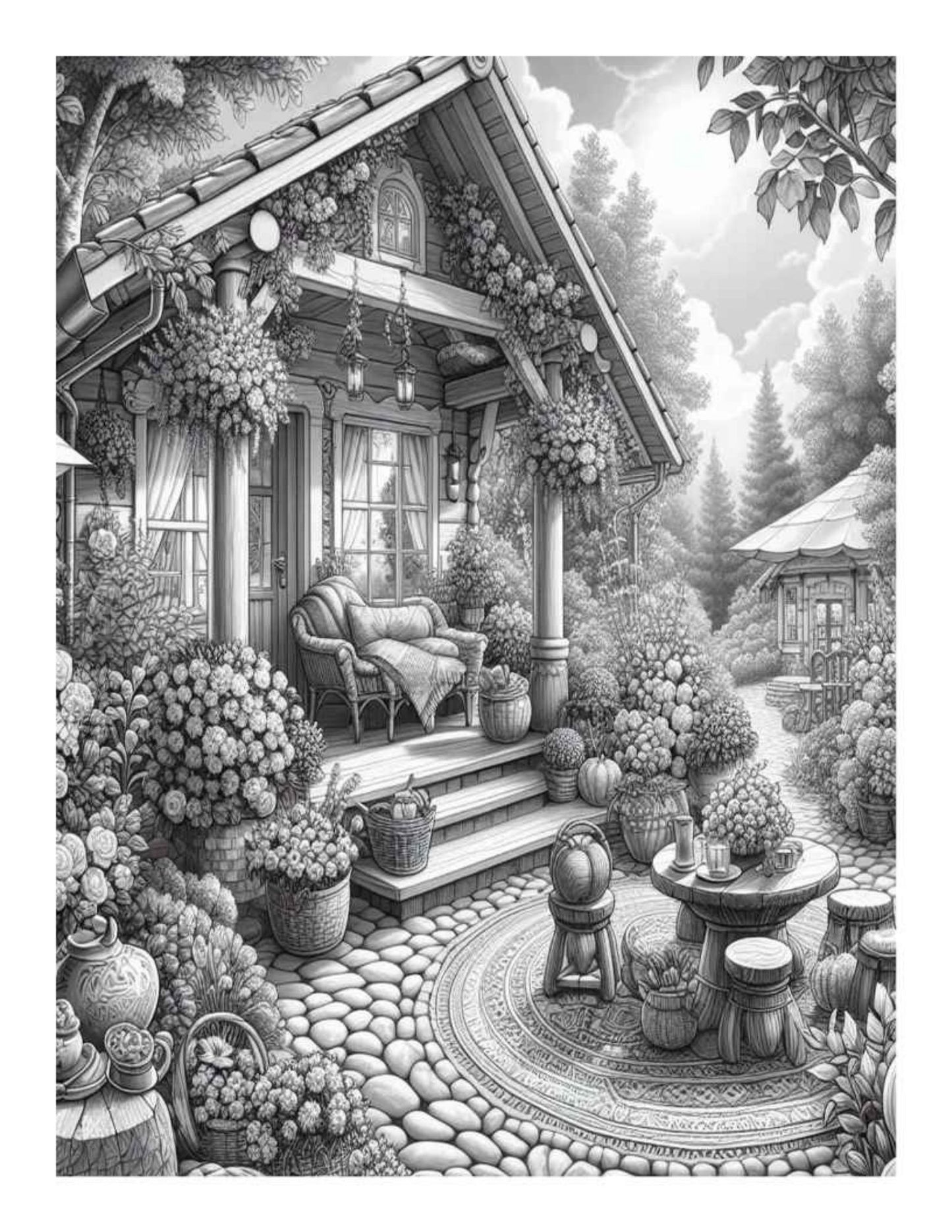 Cozy Garden Adult Coloring Pages – 25 Printable Grayscale Designs (PDF Digital Download)