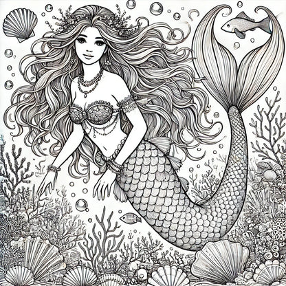Beautiful Mermaids Coloring Pages Original AI Art by Old Hippy