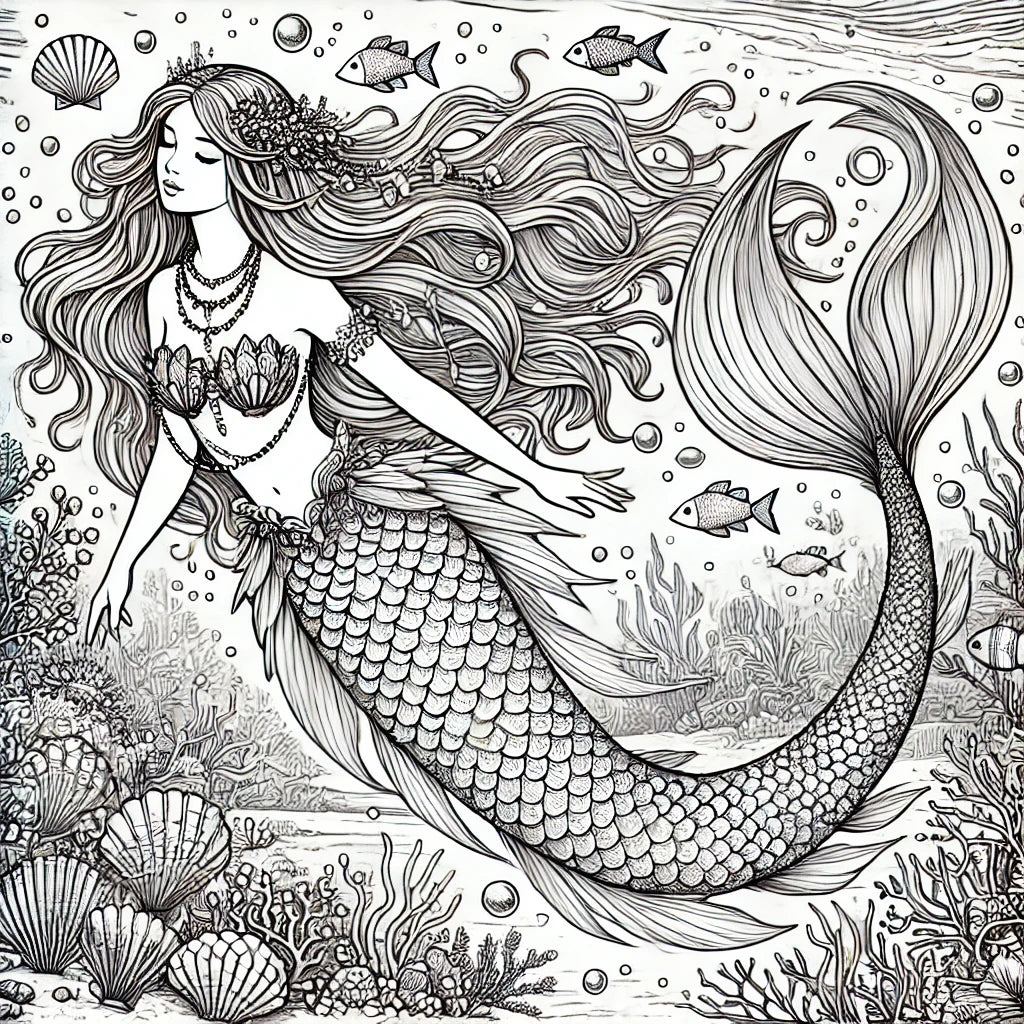 Beautiful Mermaids Coloring Pages Original AI Art by Old Hippy