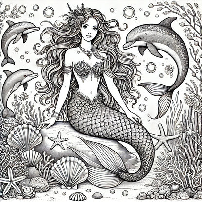 Beautiful Mermaids Coloring Pages Original AI Art by Old Hippy