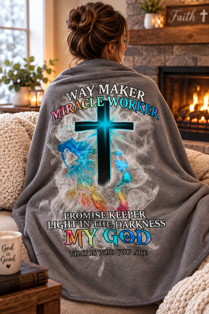 Christian Sherpa Fleece Blanket - "Way Maker, Miracle Worker" Cross Design