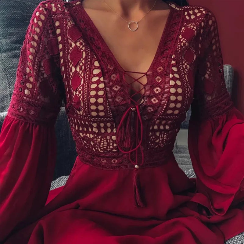 2021 Spring Women Sexy Crochet Lace V-Neck Party Dress