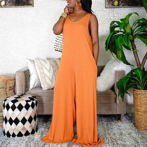 Women Plus Size Casual O-neck Sleeveless Wide Leg Jumpsuits