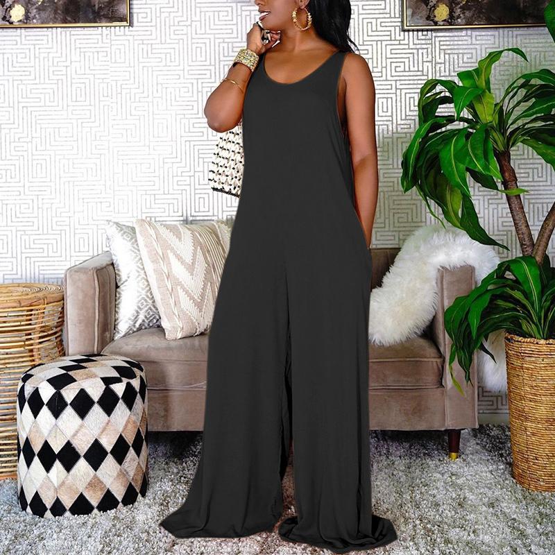 Women Plus Size Casual O-neck Sleeveless Wide Leg Jumpsuits