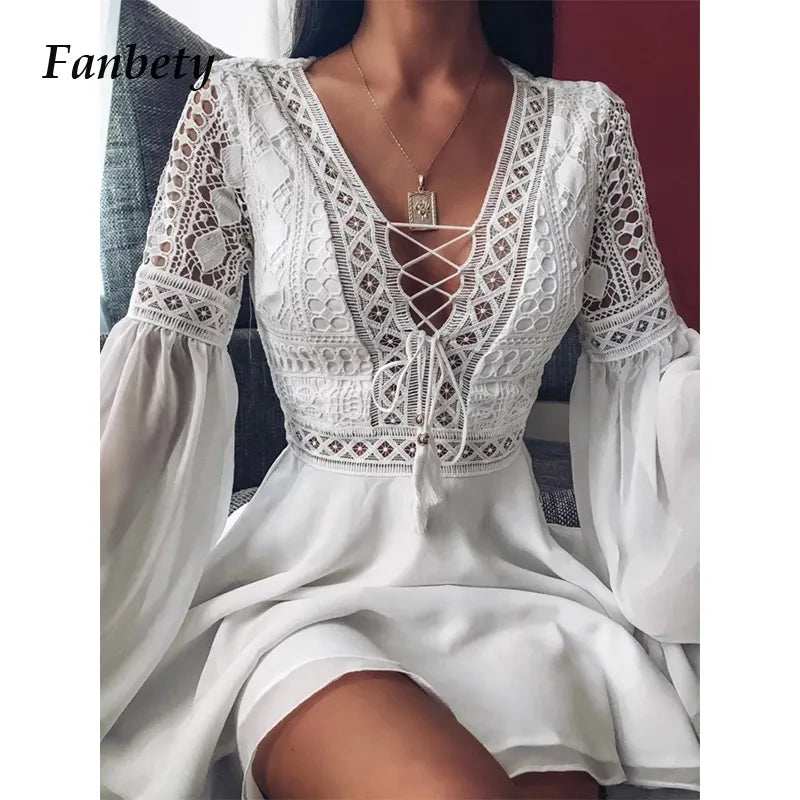 2021 Spring Women Sexy Crochet Lace V-Neck Party Dress