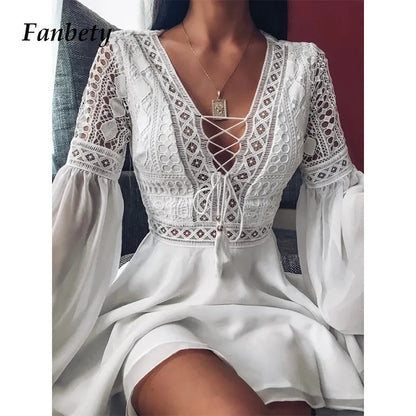 2021 Spring Women Sexy Crochet Lace V-Neck Party Dress