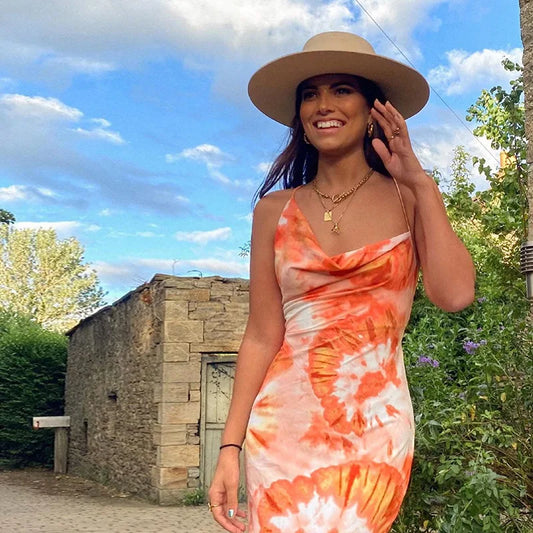 Sunset Tie Dye Beach Satin Slit Backless Sleeveless Dress