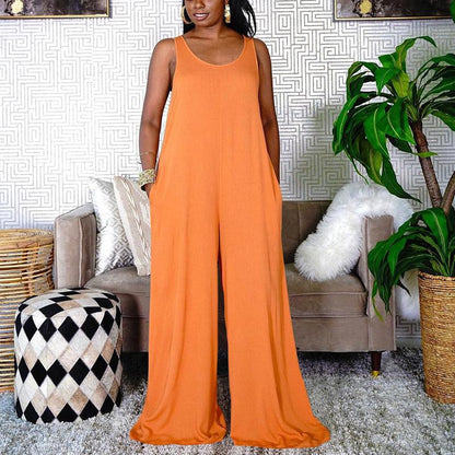 Women Plus Size Casual O-neck Sleeveless Wide Leg Jumpsuits