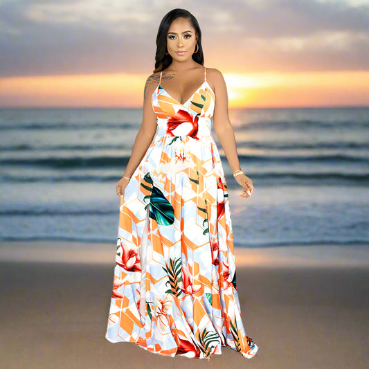 Tropical Print Maxi Beach Dress