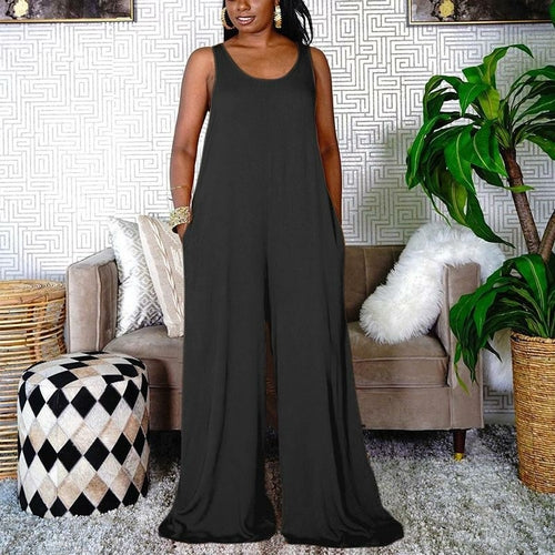 Women Plus Size Casual O-neck Sleeveless Wide Leg Jumpsuits