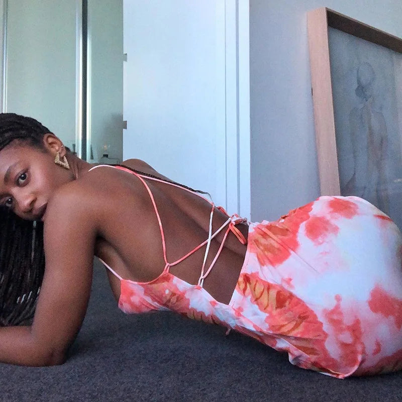 Sunset Tie Dye Beach Satin Slit Backless Sleeveless Dress