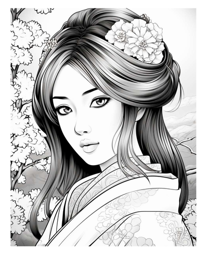 Japanese Geishas Adult Coloring Pages