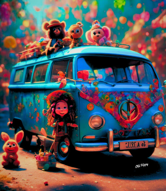 “Peace, Love, and Plushies” Digital AI Art by Old Hippy