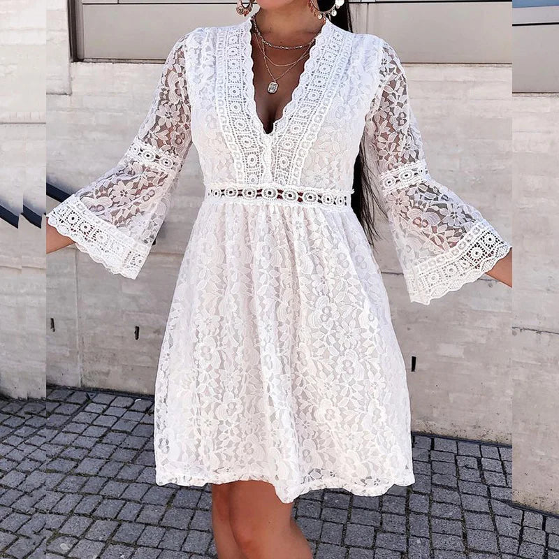 2021 Spring Women Sexy Crochet Lace V-Neck Party Dress