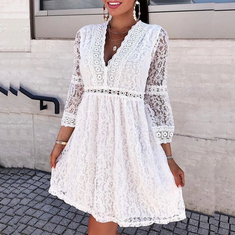 2021 Spring Women Sexy Crochet Lace V-Neck Party Dress