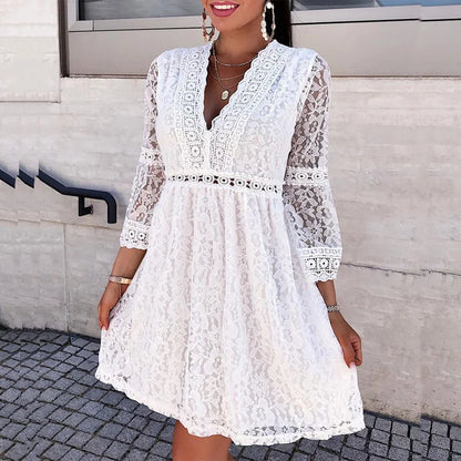 2021 Spring Women Sexy Crochet Lace V-Neck Party Dress