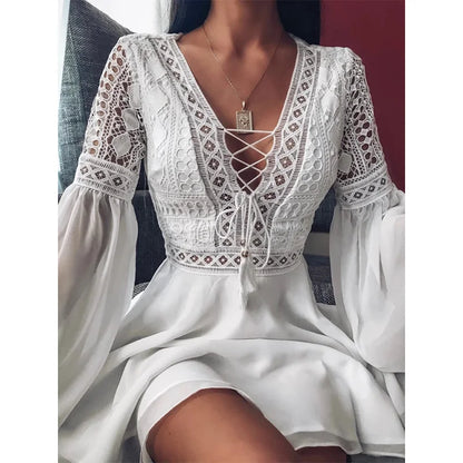 2021 Spring Women Sexy Crochet Lace V-Neck Party Dress
