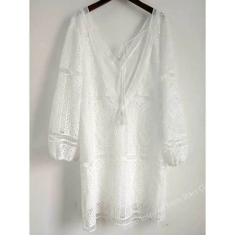BOHO INSPIRED Lace Tunic Dress Women V-Neck Tassle Bikini Coverup
