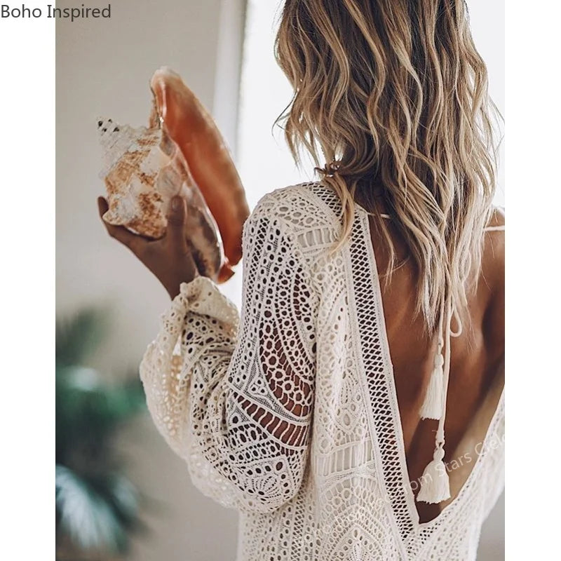 BOHO INSPIRED Lace Tunic Dress Women V-Neck Tassle Bikini Coverup