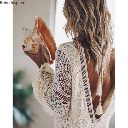 BOHO INSPIRED Lace Tunic Dress Women V-Neck Tassle Bikini Coverup