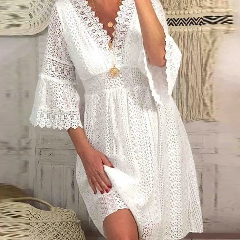 2021 Spring Women Sexy Crochet Lace V-Neck Party Dress