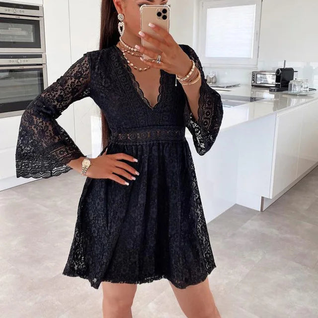 2021 Spring Women Sexy Crochet Lace V-Neck Party Dress