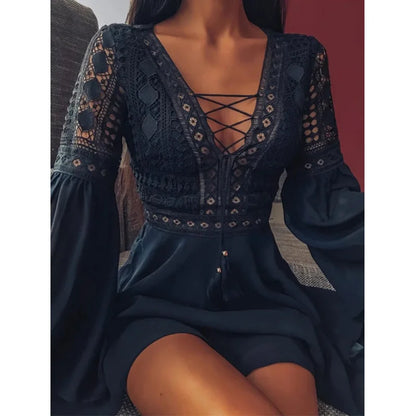 2021 Spring Women Sexy Crochet Lace V-Neck Party Dress