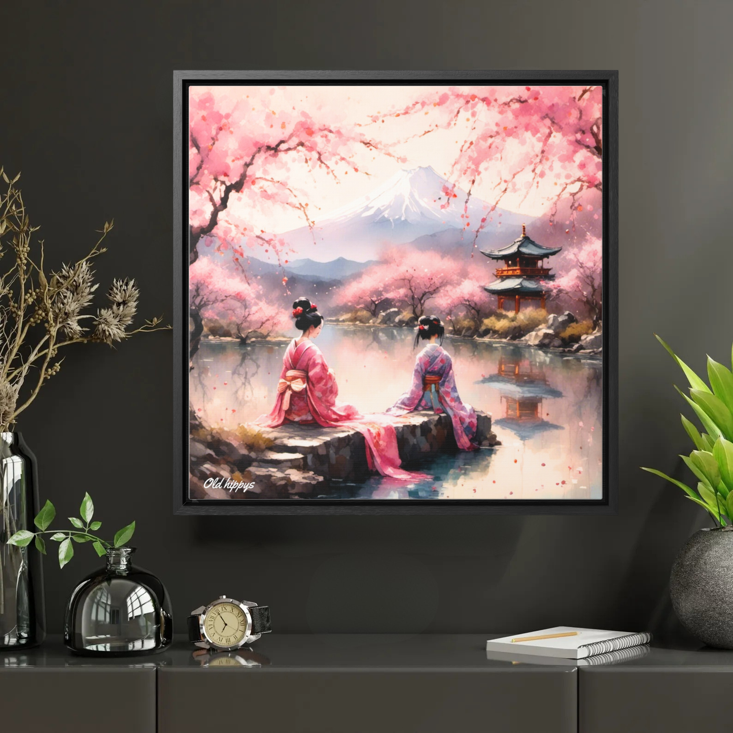 Geisha Tea Ceremony Wood Framed Canvas Wrap