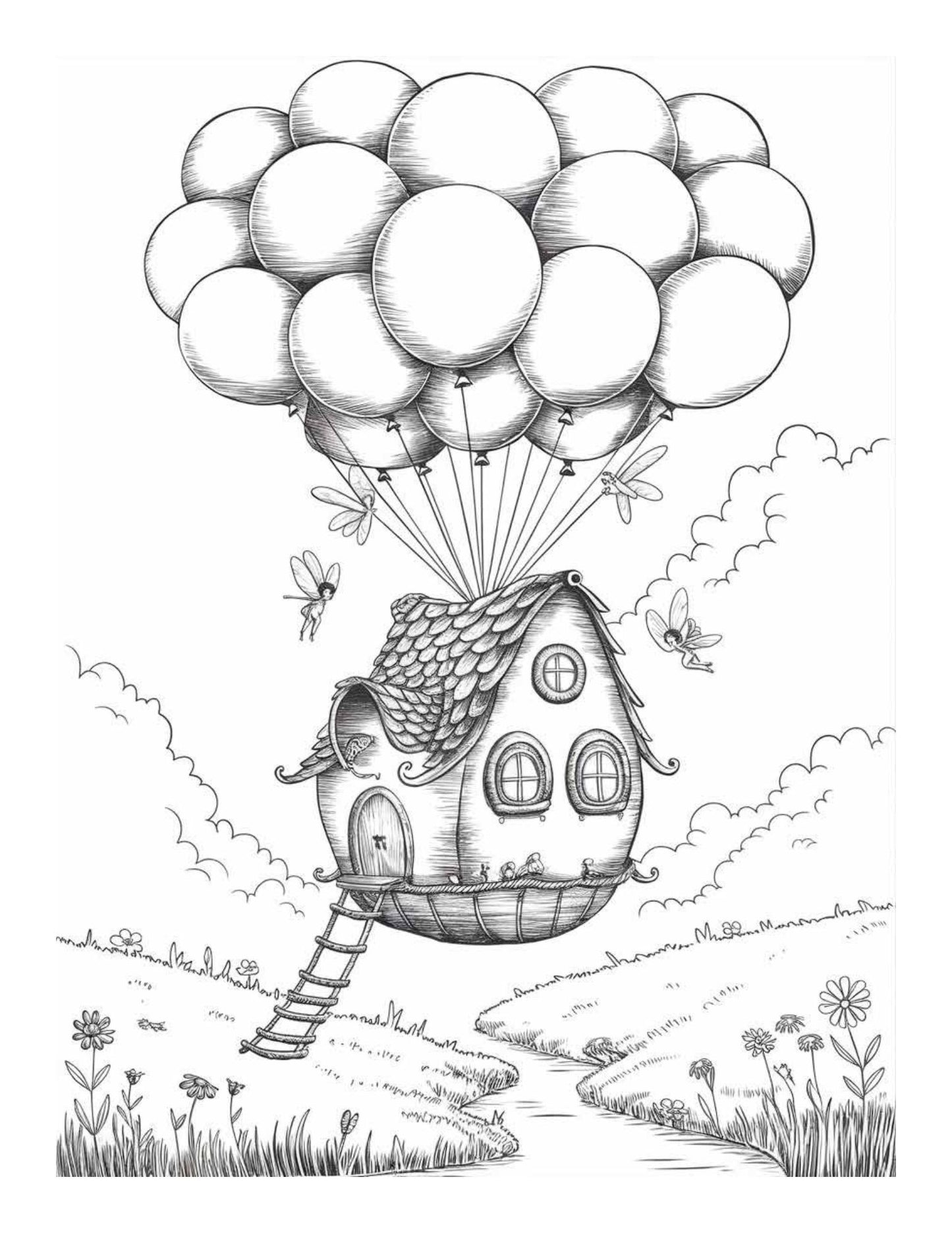 "Whimsical Worlds: Fantasy Creatures, Fairy Homes & Magical Journeys" Coloring Pages