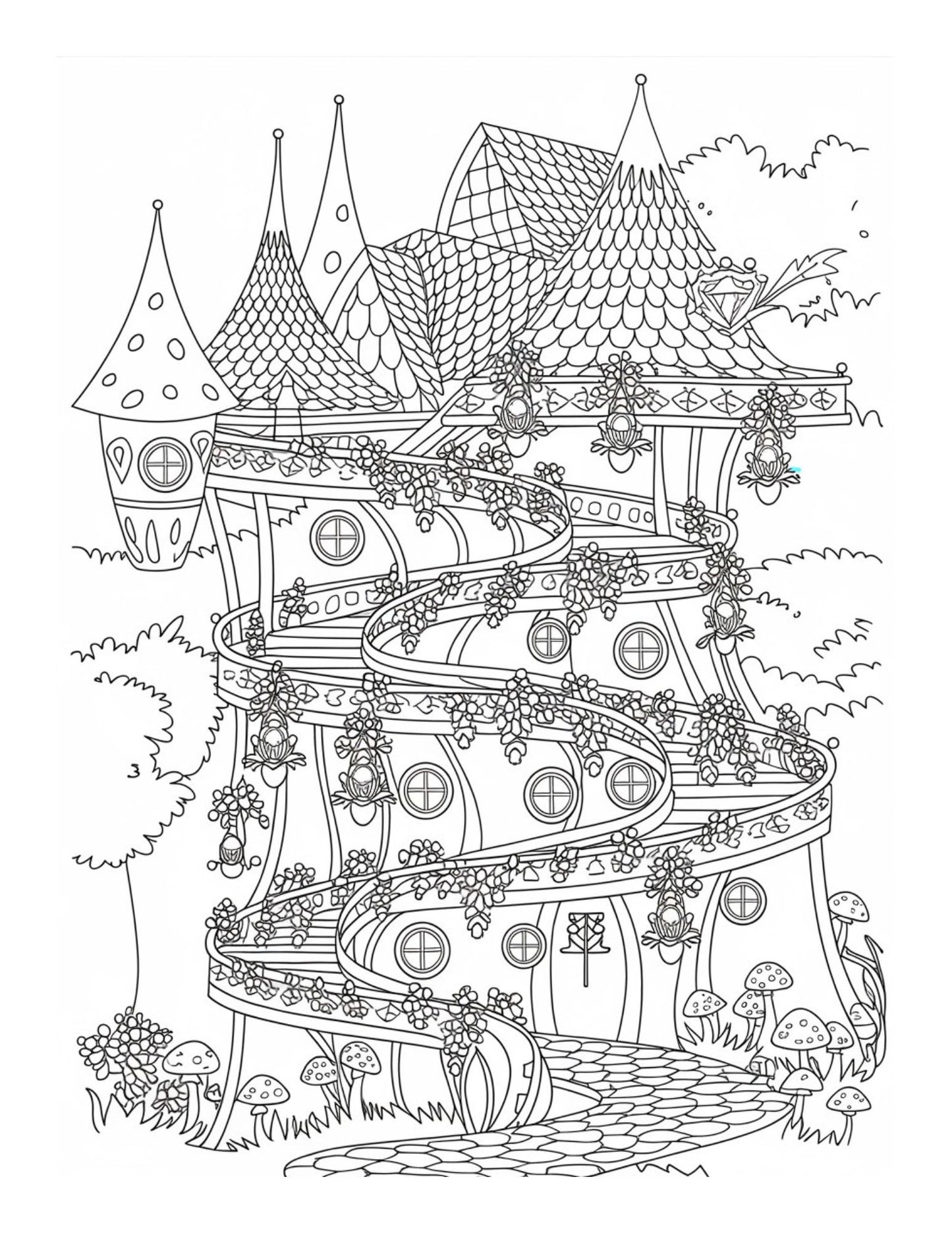 "Whimsical Worlds: Fantasy Creatures, Fairy Homes & Magical Journeys" Coloring Pages