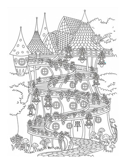 "Whimsical Worlds: Fantasy Creatures, Fairy Homes & Magical Journeys" Coloring Pages
