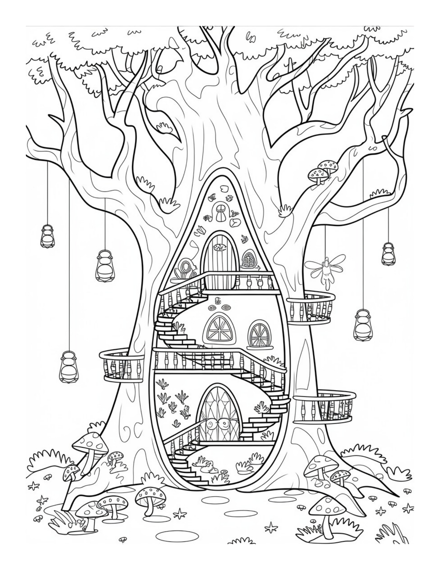 "Whimsical Worlds: Fantasy Creatures, Fairy Homes & Magical Journeys" Coloring Pages
