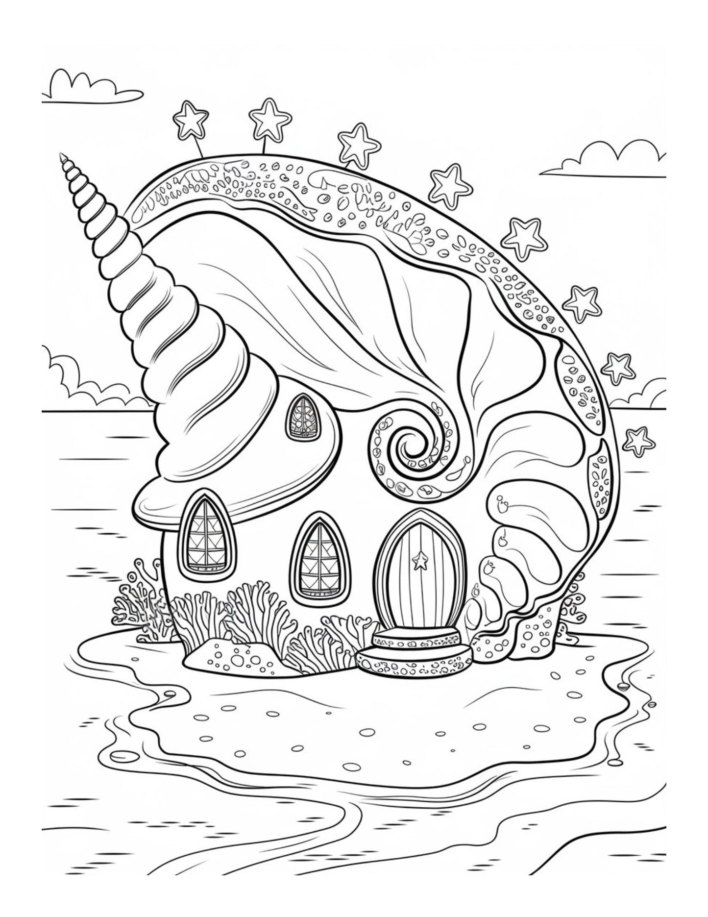 "Whimsical Worlds: Fantasy Creatures, Fairy Homes & Magical Journeys" Coloring Pages