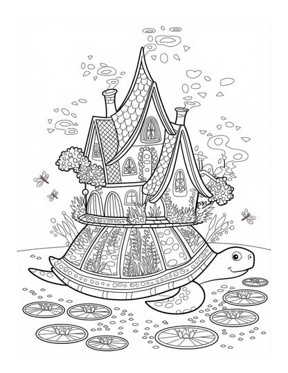 "Whimsical Worlds: Fantasy Creatures, Fairy Homes & Magical Journeys" Coloring Pages