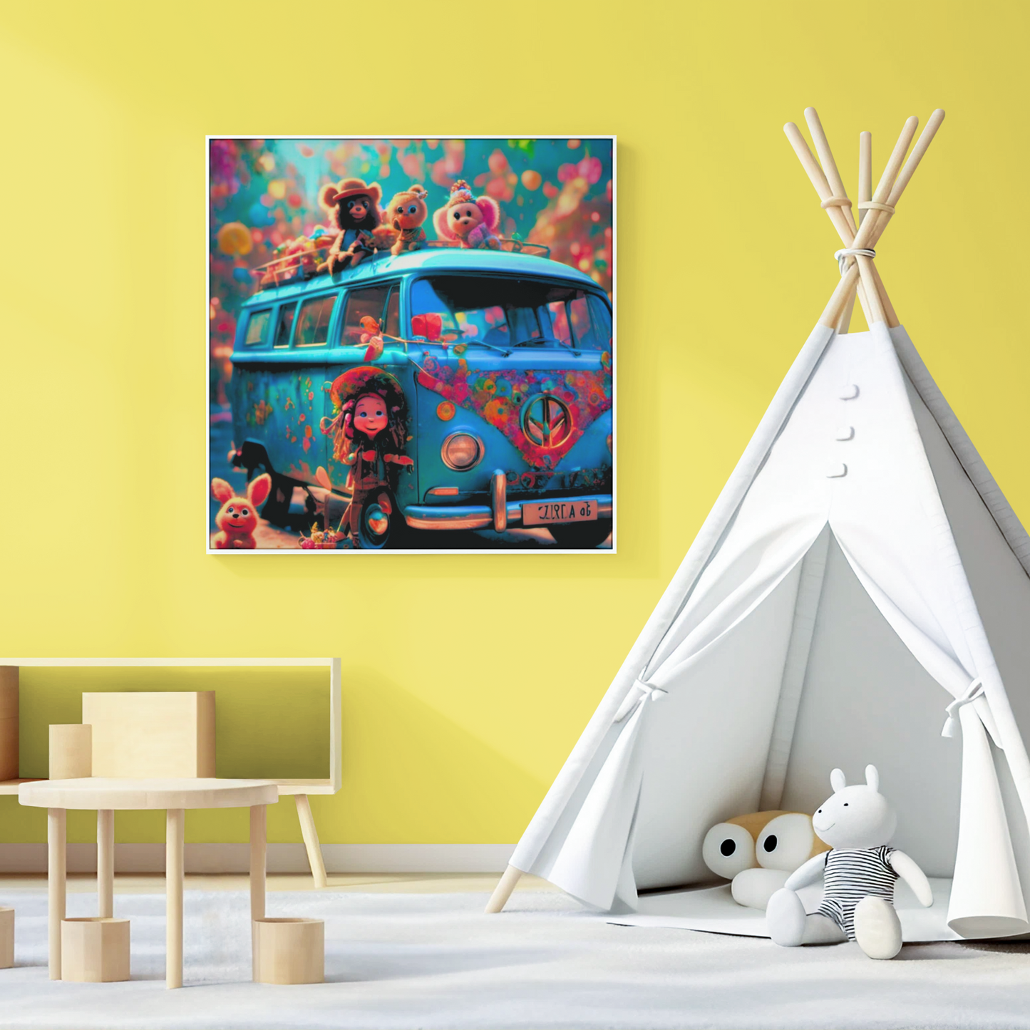 “Peace, Love, and Plushies” Digital AI Art by Old Hippy