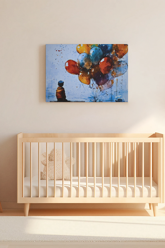 Nursery room with wooden crib, colorful painting on the wall, and decorative items.