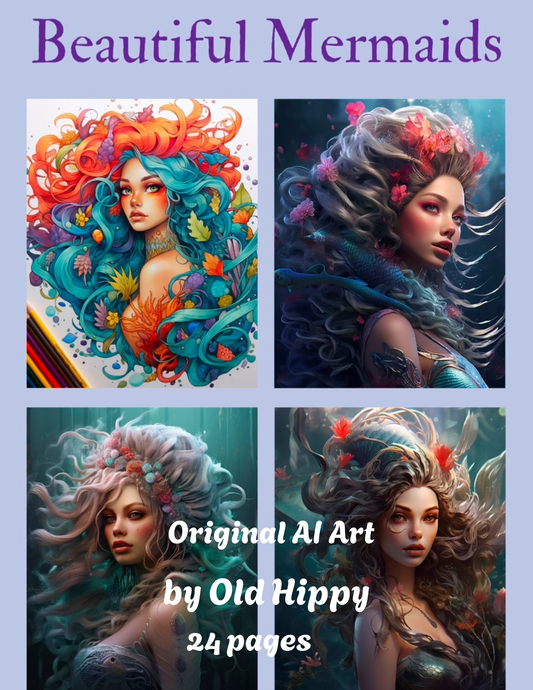 Beautiful Mermaids Coloring Pages Original AI Art by Old Hippy