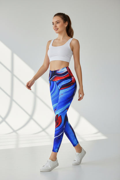Women's High-Waisted Leggings (Model L36) Blue Geometric Print