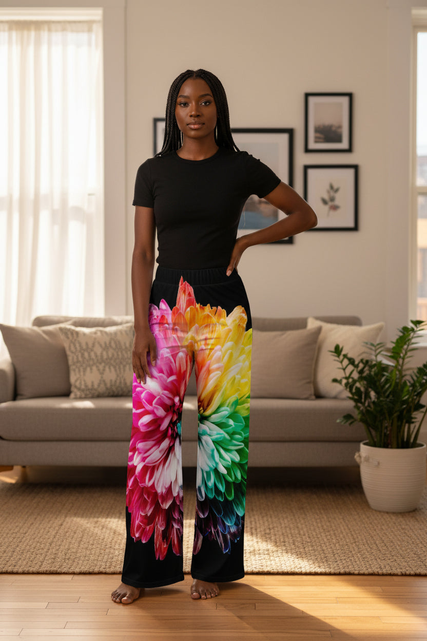 Rainbow Bloom Wide-Leg Pants — Bold Floral ComfortWomen's wide-leg pants