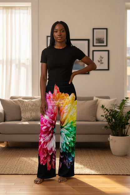 Rainbow Bloom Wide-Leg Pants — Bold Floral ComfortWomen's wide-leg pants